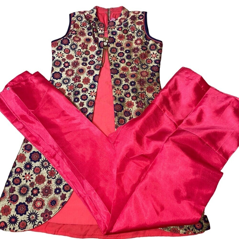 Shakti Indian Embroidered dress with pants Textured pink/gold SZ 32